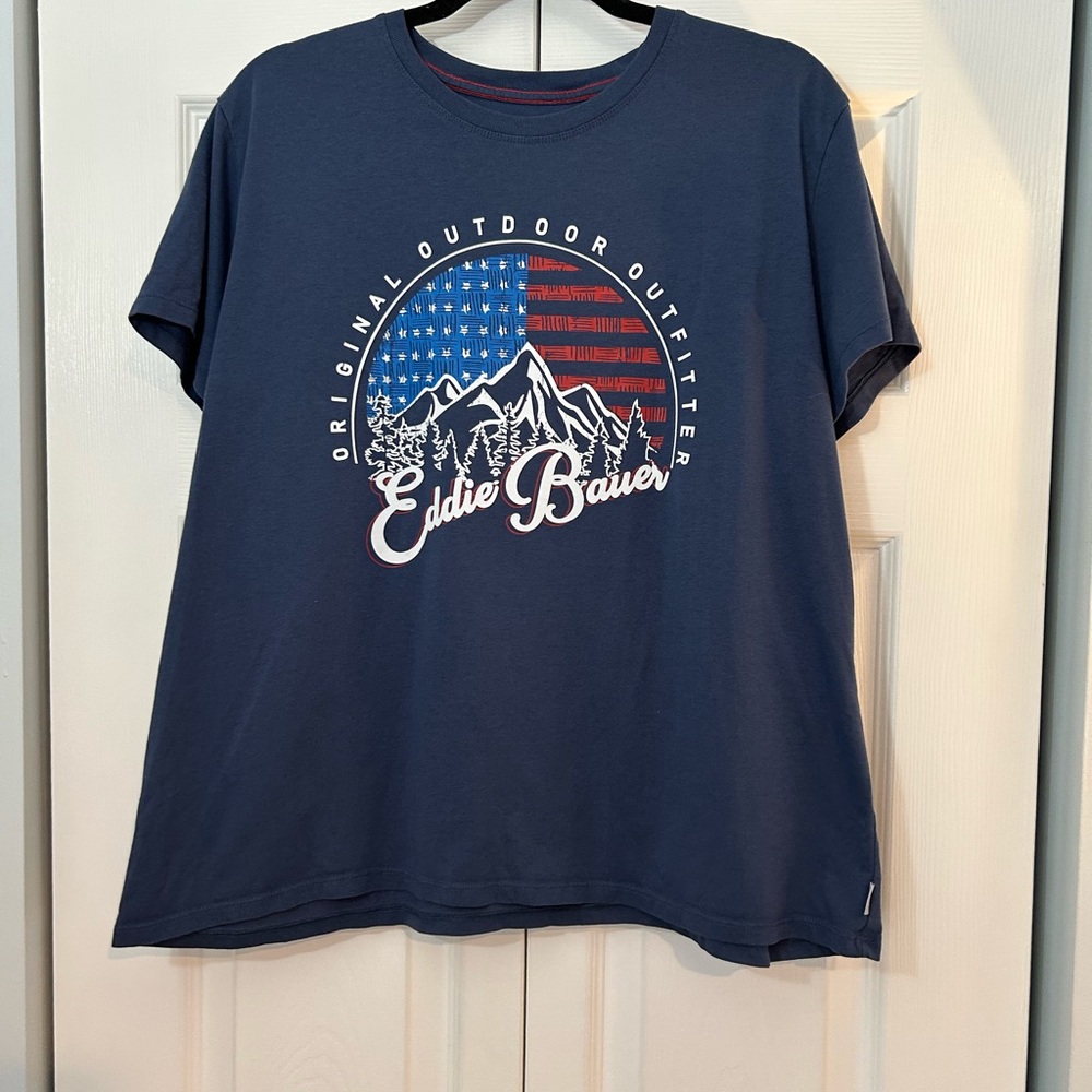 Eddie Bauer Women’s XL Graphic T-Shirt Blue Outdoor Mountain Flag Tee